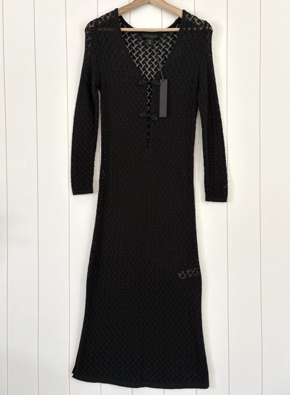 House of Harlow Black Open Knit Cover Up Dress Long Sleeve Midi Crochet Vneck XS